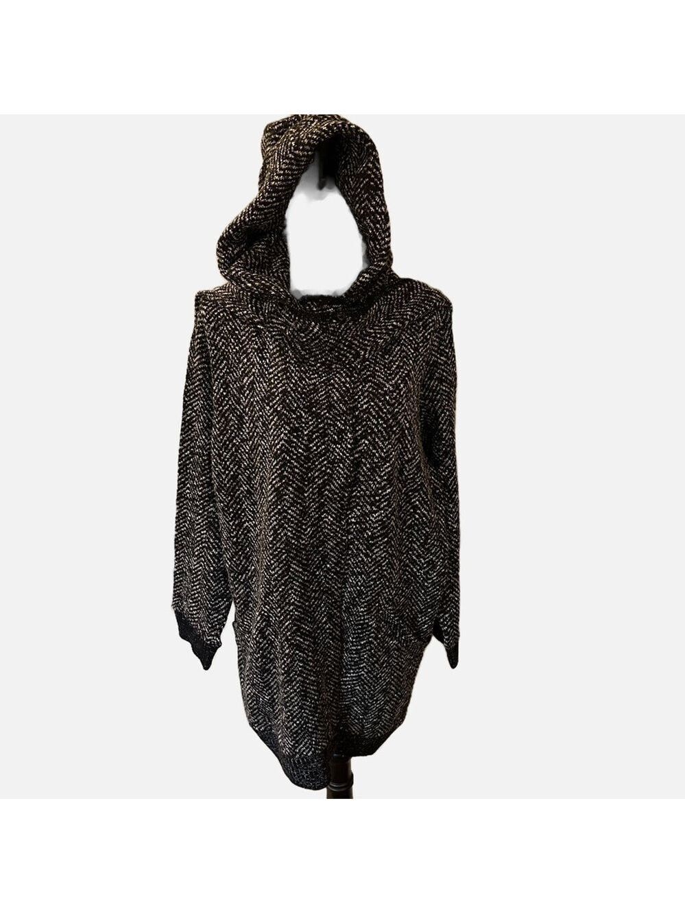 Soft Surroundings Women Coat Hooded Open Front Scarf XL Black Gray Pockets